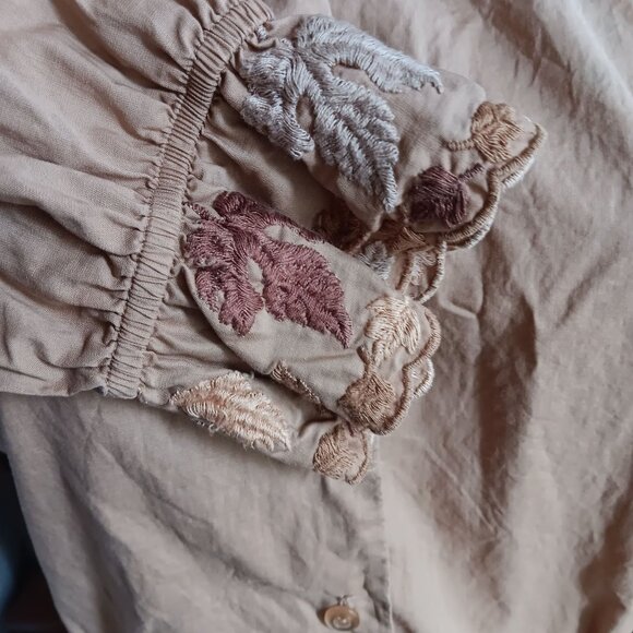 Vintage Women's Medium Blouse 1950's Shipn Shore Beige Button-Up Embroidered MCM - Picture 4 of 6